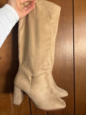 Express Tall Beige Suede Block Heel Knee-High Boots